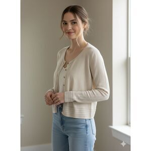 Peruvian Connection 100% Pima Cotton Cardigan L Ecru Knit Button Front Sweater